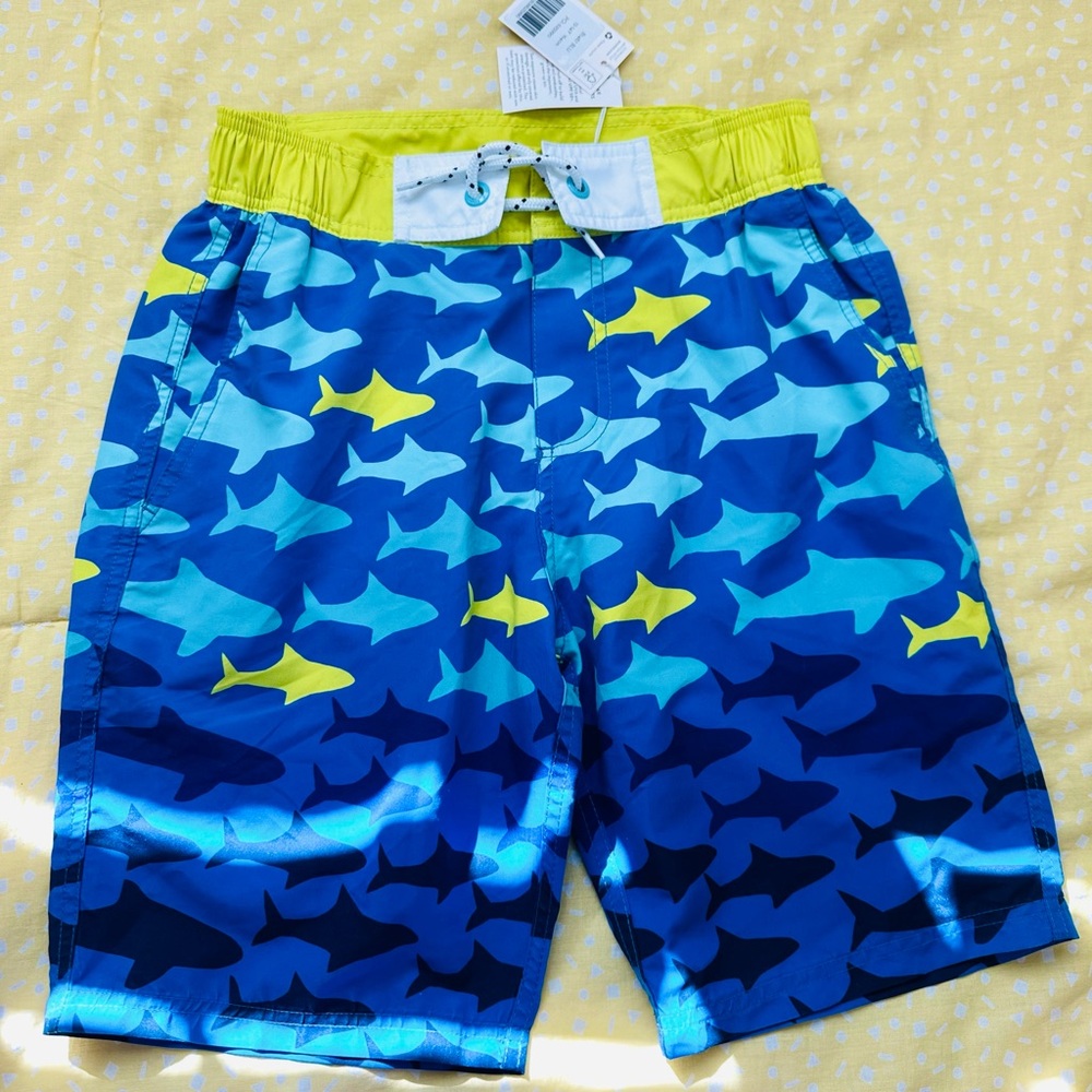 New Mini Boden Shark Print Swim Trunks